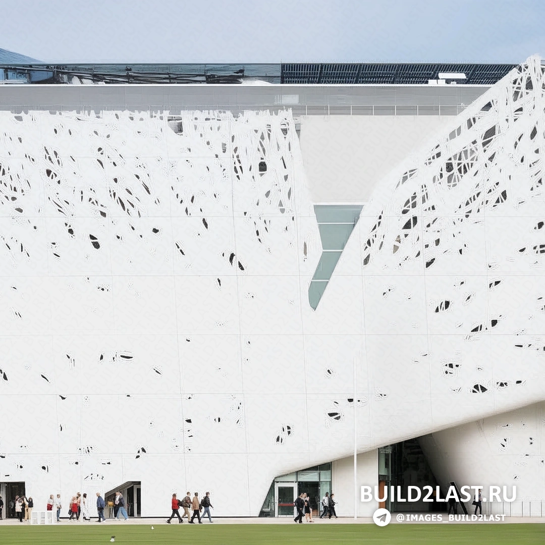 Экспозиция на фоне белого фасада Palazzo Italia с элементами деконструктивизма и бетона.