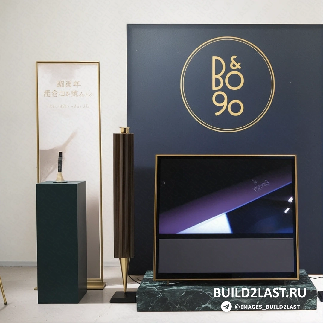 Стильная акустическая система Beoplay A9 в сиреневом и золотистом исполнении, дизайн в стиле авангард с черными и золотыми элементами, сделано в Дании.